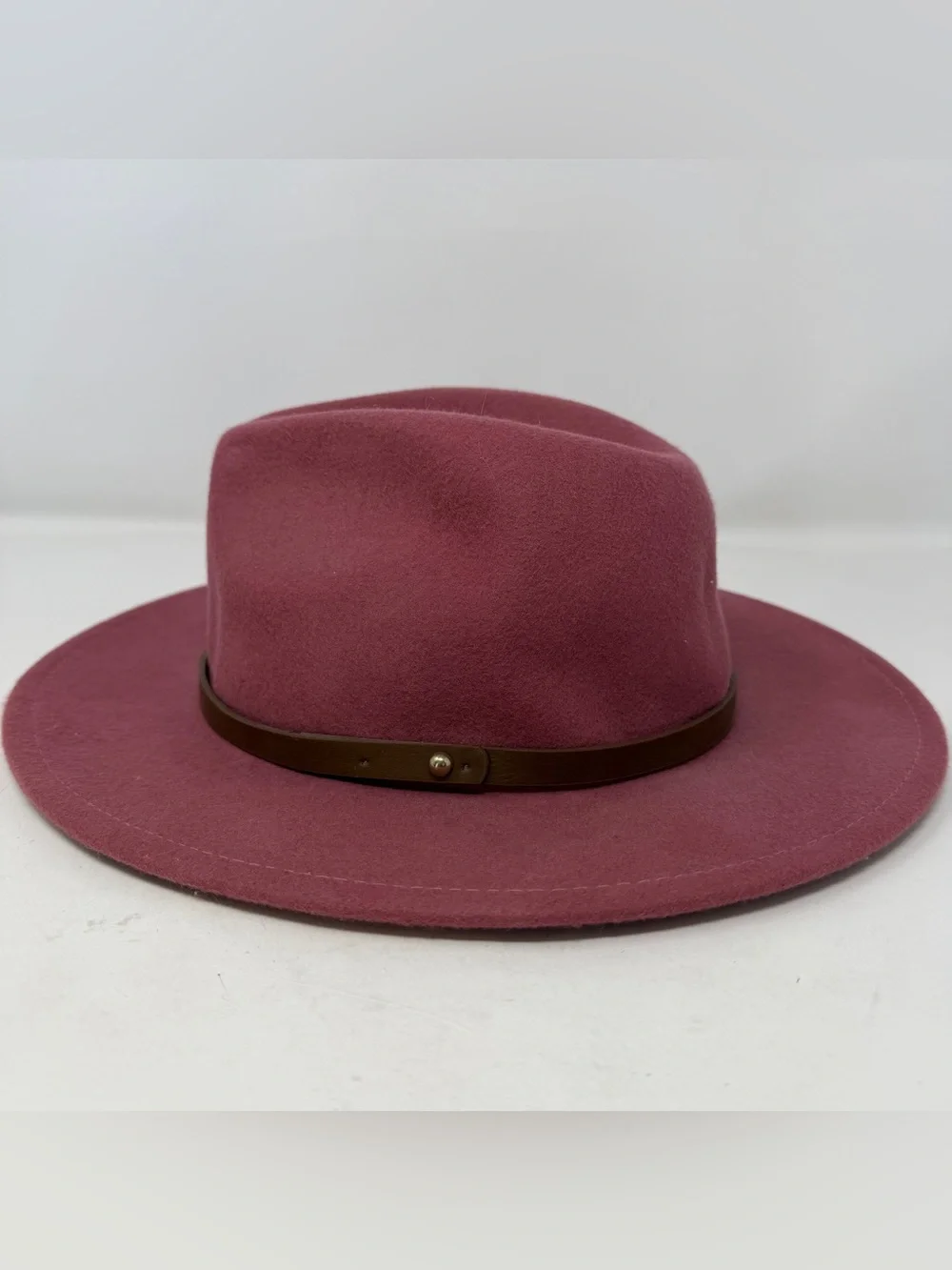 Anthropologie Pink Wool Wide Brim Fedora Hat Leather Band Womens One Size